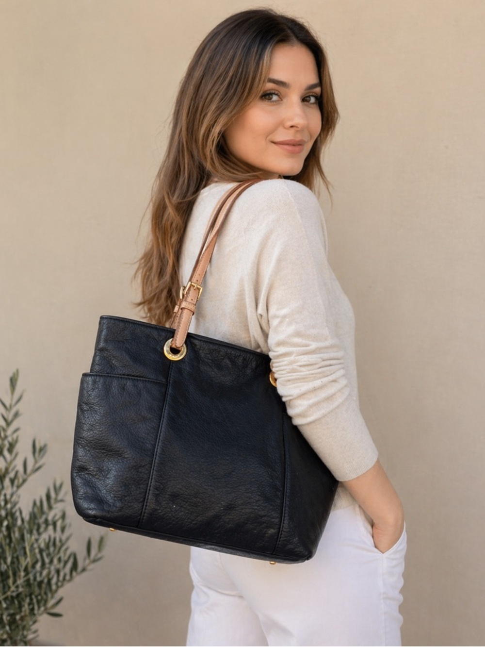 Michael Kors Black Pebbled Leather Jet Set Tote Shoulder Bag Gold Hardware LG